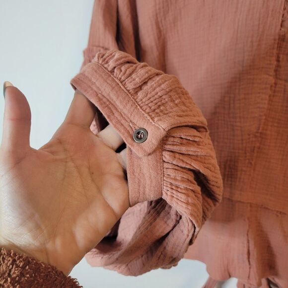 100% Cotton Shirt Button Down Tie Front Long Balloon Sleeve Size Medium - Picture 8 of 11